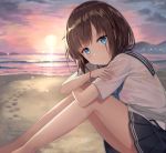  beach blue_eyes breasts brown_hair cloud commentary_request eyebrows_visible_through_hair fingernails footprints highres looking_at_viewer ocean original rin_yuu sand school_uniform serafuku short_hair short_sleeves sky 