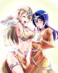  ayase_eli blonde_hair blue_eyes blue_hair blush breasts circlet commentary_request cosplay cowboy_shot dancer's_costume_(dq) dragon_quest dragon_quest_iv earrings hair_between_eyes holding jewelry loincloth long_hair love_live! love_live!_school_idol_project manya manya_(cosplay) minea minea_(cosplay) multiple_girls one_eye_closed open_mouth pelvic_curtain smile sonoda_umi urutsu_sahari yellow_eyes 