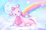  cloud colorful commentary creature creature_focus dragon english_commentary full_moon heisei_retro highres looking_at_viewer moon neogeopet no_humans rainbow sky solo sparkle webkinz whimsy_dragon wings yume_kawaii 