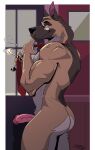 absurd_res biped blacksad brown_body brown_fur butt canid canine canis chief_smirnov domestic_dog dragondrawer erection eyebrows eyewear fur genitals german_shepherd herding_dog hi_res humanoid_genitalia humanoid_penis male mammal mostly_nude muscular muscular_male necktie necktie_only pastoral_dog penis pubes solo