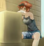  ae-3803 ahoge armpits belt black_tank_top box breasts cabbie_hat denim denim_shorts gloves hat hataraku_saibou highres medium_breasts mumumuka name_tag red_blood_cell_(hataraku_saibou) red_hair short_hair shorts sitting sleeveless solo sweat tank_top white_gloves yellow_eyes 