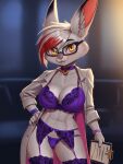 anthro blush bra breasts camel_toe clipboard clothed clothing digital_media_(artwork) eyewear female fur glasses hacatiko hair hi_res holding_clipboard holding_object lagomorph legwear leporid lingerie lingerie_panties looking_at_viewer mammal open_clothing open_topwear panties rabbit simple_background smile solo stockings topwear underwear wearing_glasses