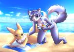  akuro- anthro beach bikini black_sclera blue_eyes blue_fur blue_hair bottle breast_squish breasts butt canine cleavage clothed clothing crossover digimon dipstick_tail duo female fox fur gloves_(marking) hair inner_ear_fluff kneeling krystal looking_back lying mammal markings multicolored_fur multicolored_tail neck_tuft nintendo nude on_front outside renamon seaside smile solo star_fox swimsuit tail_ring towel tuft two_tone_fur video_games yellow_fur 