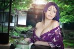  breasts cleavage cosplay day fate/grand_order fate_(series) highres japanese_clothes kimono large_breasts long_hair looking_away minamoto_no_raikou_(fate/grand_order) no_bra outdoors photo purple_eyes purple_hair solo yoshinobi yukata 