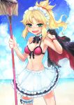  :d apron artoria_pendragon_(all) artoria_pendragon_(swimsuit_rider_alter) artoria_pendragon_(swimsuit_rider_alter)_(cosplay) bare_shoulders beach bikini black_bow black_neckwear black_skirt blonde_hair blue_sky blush bow bowtie bracelet braid breasts cleavage cloud cosplay cowboy_shot day eyebrows_visible_through_hair eyes_visible_through_hair fang fate/grand_order fate_(series) fingernails french_braid frilled_apron frilled_skirt frills front-tie_bikini front-tie_top green_eyes groin hair_intakes hair_ornament hair_scrunchie highres holding_mop ifelt_(tamaki_zutama) jewelry legs_apart long_hair looking_at_viewer maid_apron maid_headdress medium_breasts midriff mop mordred_(fate)_(all) mordred_(swimsuit_rider)_(fate) navel nose_blush ocean open_mouth outdoors over_shoulder red_bikini red_scrunchie scrunchie skirt sky smile solo sparkle swimsuit teeth thigh_strap waist_apron white_apron 