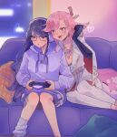  2girls absurdres alternate_hairstyle animal_ear_piercing animal_ears bare_legs belt belt_around_waist black-framed_eyewear black_bra black_gloves blunt_bangs blurry blurry_background bra business_suit center_opening character_doll collared_jacket controller couch doll ear_piercing earrings elbow_gloves game_controller genshin_impact glasses gloves glowing hair_down hair_ornament happy headphones highres holding holding_controller hood hood_down hoodie indoors jacket jewelry knees_together_feet_apart kokomi_(aniesuakkaman) leaning_on_person leaning_to_the_side light_blush long_hair long_sleeves looking_to_the_side mole mole_under_eye multiple_girls necklace nervous official_alternate_costume official_alternate_hairstyle on_couch open_mouth pants pendant piercing pillow pink_hair purple_eyes purple_hair purple_hoodie raiden_shogun raiden_shogun_(2nd_anniversary) single_sock sitting socks stuffed_animal stuffed_toy suit suit_jacket sweatdrop swept_bangs teeth underwear upper_teeth_only wavy_hair white_pants white_socks white_suit yae_miko yae_miko_(2nd_anniversary) yae_miko_(fox) yuri 