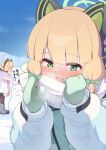  2girls ^_^ absurdres animal_ear_headphones animal_ears aqua_coat black_pantyhose blonde_hair blue_archive blunt_bangs blurry blurry_background blush boots bow breath cat_ear_headphones cat_ears character_snowman closed_eyes clothes_grab coat commentary_request depth_of_field doodle_sensei_(blue_archive) eyes_visible_through_hair fake_animal_ears fur-trimmed_sleeves fur_trim green_bow green_eyes green_halo green_mittens grey_boots hair_bow halo hands_up headphones highres hood hood_down hooded_coat kataage_(kataage_okashi_koujou) lace-up_boots layered_sleeves long_sleeves looking_at_viewer low-tied_sidelocks midori_(blue_archive) midori_(winter)_(blue_archive) mittens momoi_(blue_archive) momoi_(winter)_(blue_archive) multicolored_coat multiple_girls neckwear_grab official_alternate_costume open_mouth outdoors pantyhose pink_halo pink_mittens profile puffy_long_sleeves puffy_sleeves purple_coat red_bow scarf scarf_bow scarf_grab sensei_(blue_archive) siblings sidelocks sisters sky smile snow solo_focus standing steam sweat text_print translation_request twins upper_body white_coat white_scarf winter winter_clothes 