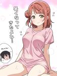  2girls blunt_bangs braid braided_bun breasts brown_hair bun_with_braided_base closed_mouth hair_bun hair_intakes hair_ornament hairclip love_live! love_live!_nijigasaki_high_school_idol_club medium_hair mukiryoku_bato multiple_girls no_pants panties pink_panties pink_shirt shirt short_sleeves single_side_bun sitting takasaki_yu uehara_ayumu underwear wariza 