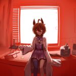  1girl absurdres agnes_tachyon_(umamusume) ahoge animal_ears bow bowtie brown_hair chemical_structure closed_mouth coat commentary cup earrings erlenmeyer_flask flask glowing glowing_eyes hair_between_eyes highres holding holding_cup horse_ears horse_girl horse_tail huge_ahoge jewelry lab_coat long_sleeves looking_at_viewer medium_hair microscope on_table open_clothes open_coat pleated_skirt purple_sailor_collar purple_shirt purple_skirt red_eyes red_theme sailor_collar scales school_uniform shirt single_earring sitting skirt sleeves_past_fingers sleeves_past_wrists smile solo spill table tail tracen_school_uniform tripod_(laboratory) umamusume umamusume:_beginning_of_a_new_era umenotenpura white_bow white_bowtie white_coat window window_blinds 