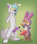 absurd_res anthro arctic_wolf balls big_penis blush bodily_fluids bunny_costume canid canine canis clothed clothing comparing comparing_penis costume digital_media_(artwork) disney drooling duo erection fake_ears fake_rabbit_ears fennec_fox finnick_(zootopia) fox fuf fur genitals hair hi_res male male/male mammal nude onesie open_mouth pacifier penis penis_size_difference raaf_helder_(character) ruler saliva simple_background smile tagme tail teeth tongue tongue_out true_fox white_body white_fur wolf yellow_sclera zootopia