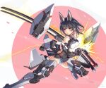  1girl agatsuma_kaede alice_gear_aegis an-chang animal_ears bare_shoulders black_hair blush breasts covered_navel gloves highres holding holding_sword holding_weapon katana leotard mecha_musume mechanical_ears medium_breasts medium_hair sheath solo sword thrusters weapon 