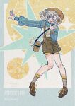  1girl ;d abingbeey artist_name bag blue_border blue_eyes blue_shrug blue_sleeves boater_hat border braid braided_hair_rings brown_bag brown_hat brown_shoes brown_shorts character_name circle copyright_name dated full_body grey_background grey_hair grey_socks hair_rings hand_up hat highres jewelry legs_apart loafers matilda_bouanich matilda_bouanich_(the_genius&#039;s_holiday) medium_hair necklace official_alternate_costume one_eye_closed open_mouth outside_border outstretched_arm overall_shorts overalls paper_texture reverse:1999 shirt shoes shorts shoulder_bag signature smile socks solo sparkle standing white_shirt 