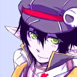  1boy arch_bishop_(ragnarok_online) black_hair closed_mouth commentary_request green_eyes grey_background grey_hat grey_shirt hair_between_eyes hat hat_ornament long_bangs looking_at_viewer lowres male_focus newsboy_cap portrait ragnarok_online shirt short_hair simple_background skull_hat_ornament smile solo yukimushi 