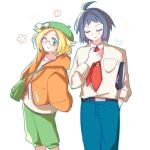  1boy 1girl ;) ahoge bag belt bianca_(pokemon) black_belt black_hair blonde_hair blue_pants bow cheren_(pokemon) closed_eyes closed_mouth collared_shirt glasses green_bag green_eyes green_hat green_pants hand_in_pocket hat hat_bow jacket kong_(6ki3ki) long_sleeves looking_at_viewer necktie one_eye_closed open_clothes open_jacket orange_jacket pants pokemon pokemon_bw2 red-framed_eyewear red_necktie shirt short_hair shoulder_bag smile white_background white_bow white_shirt 