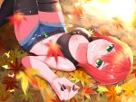  1girl autumn_leaves belt black_nails black_tank_top black_thighhighs blue_shorts breasts brown_belt cleavage collarbone crop_top elly_(vtuber) falling_leaves green_eyes highres indie_virtual_youtuber leaf lying maple_leaf navel nekodacha on_back red_hair short_hair short_shorts shorts smile solo stomach tank_top thigh_strap thighhighs virtual_youtuber 