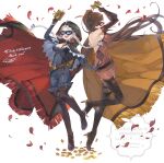  2girls absurdres ahoge ayacho back backless_outfit black_cape black_gloves blue_bodysuit blue_eyes blue_mask blue_ribbon bodysuit boots braid breasts calling_card cape coin crystal_earrings earrings eye_mask fire_emblem fire_emblem_fates fire_emblem_heroes gloves gold_coin hair_over_one_eye hair_ribbon harness high_heel_boots high_heels highres hood hood_up hooded_cape jewelry kagero_(fire_emblem) kagero_(thief)_(fire_emblem) keyring large_breasts leather_belt long_hair low_twin_braids medium_breasts multiple_girls nina_(fire_emblem) nina_(thief)_(fire_emblem) o-ring o-ring_harness official_alternate_costume parted_bangs phantom_thief ponytail red_cape red_petals red_ribbon ribbon skin_tight thigh_boots turtleneck twin_braids two-tone_bodysuit two-tone_cape white_hair yellow_cape 