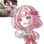  1girl blue_eyes bow bowtie chinese_commentary collarbone commentary_request cosplay cropped_torso cyrene_(honkai:_star_rail) dress game_screenshot_inset hair_ribbon highres honkai:_star_rail honkai_(series) izumi_(lofter_41635481026) mem_(honkai:_star_rail) mem_(honkai:_star_rail)_(cosplay) mem_(star_rail_live_2025)_(honkai:_star_rail) multicolored_hair open_mouth pink_hair pink_pupils pointy_ears red_bow red_bowtie red_dress reference_inset ribbon simple_background smile solo two-tone_hair white_background white_hair 