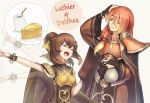  1girl afterimage armor bag bow bracelet breastplate bridal_gauntlets brother_and_sister brown_hair cape character_name cheese closed_eyes commentary_request dyute_(fire_emblem) fire_emblem fire_emblem_echoes:_mou_hitori_no_eiyuuou food gonzarez hair_bow hand_on_head holding holding_bag jewelry long_hair long_sleeves low_ponytail luthier_(fire_emblem) one_eye_closed open_mouth orange_hair parted_lips ponytail shoulder_armor siblings simple_background sleeveless white_background wide_sleeves yellow_bow 