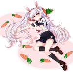  animal_ears azur_lane bangs black_legwear black_sailor_collar black_skirt blush brown_footwear bunny_ears carrot carrot_pillow character_name closed_mouth commentary hair_between_eyes hair_ornament hairband kneehighs laffey_(azur_lane) loafers long_hair looking_at_viewer lying neckerchief on_side paaam pillow pleated_skirt red_eyes red_hairband red_neckwear sailor_collar school_uniform serafuku shirt shoes short_sleeves silver_hair skirt solo twintails very_long_hair white_shirt 