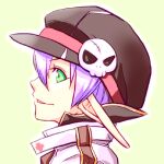  1boy arch_bishop_(ragnarok_online) black_hat commentary_request green_background green_eyes hair_between_eyes hat hat_ornament jacket looking_at_viewer looking_to_the_side lowres male_focus newsboy_cap portrait profile purple_hair ragnarok_online short_hair simple_background skull_hat_ornament smile solo white_jacket yukimushi 