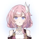  1girl :o blue_eyes chinese_commentary coat commentary_request criss-cross_halter cyrene_(honkai:_star_rail) dress hair_ornament halterneck highres honkai:_star_rail honkai_(series) izumi_(lofter_41635481026) multicolored_hair pink_hair pink_pupils pointy_ears purple_coat short_hair simple_background solo two-tone_hair upper_body white_background white_dress white_hair 