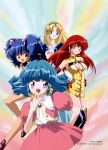  1990s_(style) 4girls aqua_hair black_boots blonde_hair blue_eyes blue_hair blush boots breasts brown_eyes cleavage copyright_notice dress earrings elbow_gloves gloves hairband highres jewelry long_hair looking_at_viewer medium_breasts medium_hair multiple_girls non-web_source official_art open_mouth photoshop_(medium) puffy_short_sleeves puffy_sleeves purple_gloves red_eyes red_hair retro_artstyle rolfee short_dress short_sleeves smile tadano_kazuko thigh_boots tonari_no_princess_rolfee twintails 