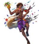  1boy abs attack brown_eyes brown_hair damaged dark-skinned_male dark_skin fire_emblem fire_emblem_engage fire_emblem_heroes flower flower_necklace fogado_(fire_emblem) fogado_(summer)_(fire_emblem) food fruit highres innertube lei male_focus male_swimwear non-web_source official_alternate_costume official_art open_mouth parted_lips pineapple pointing purple_swim_trunks sandals smile solo star-shaped_pupils star_(symbol) swim_ring swim_trunks symbol-shaped_pupils torn_clothes transparent_background 