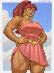  1girl artist_name blue_eyes bracelet dc_comics dress earrings giant giantess giganta_(dc) gold_bracelet hands_on_own_hips highres jewelry justice_league justice_league_unlimited long_hair m4rjinn muscular muscular_female pink_dress ponytail red_hair sleeveless sleeveless_dress solo 