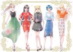  aino_minako bangs bishoujo_senshi_sailor_moon black_dress black_footwear black_hair black_shirt blonde_hair blue_shirt blue_skirt border bow brown_hair closed_mouth collared_dress contrapposto double_bun dress earrings finger_to_mouth flower full_body gown green_skirt grin hair_bow hands_on_hips high_heels hino_rei hoop_earrings jewelry karafuru_tako kino_makoto lineup lipstick long_hair long_skirt long_sleeves looking_at_viewer makeup midriff mizuno_ami multiple_girls orange_bow orange_footwear orange_shirt parted_bangs parted_lips pleated_dress ponytail red_dress red_earrings red_lipstick sandals shirt shoes short_dress short_hair short_sleeves side_slit skirt smile standing tsukino_usagi twintails very_long_hair white_footwear wind yellow_eyes 