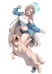  1girl absurdres alfie_(tmdals7645) alternate_costume asuna_(blue_archive) ball black_shoes black_shorts blue_archive blue_eyes breasts brown_hair cleavage dog dolphin_shorts eyes_visible_through_hair full_body hair_over_one_eye halo highres holding holding_ball long_hair looking_at_animal midriff mole mole_on_breast navel open_mouth running shoes shorts smile socks stomach tennis_ball very_long_hair white_socks 