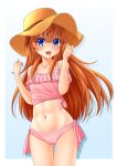  :d abs bangs bare_shoulders blue_background blue_eyes blush brown_hat collarbone commentary_request cowboy_shot earrings eyebrows_visible_through_hair floating_hair frills gradient gradient_background groin hair_between_eyes hands_up hat heart heart_earrings highres houjou_hibiki jewelry kanichiri long_hair looking_at_viewer midriff navel no_pants off-shoulder_shirt open_mouth orange_hair panties pink_panties pink_shirt precure shadow shiny shiny_skin shirt side-tie_panties sidelocks smile solo standing suite_precure sun_hat thigh_gap tied_shirt underwear 