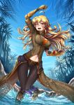  ahoge belt blonde_hair coat commentary fingerless_gloves gauntlets gloves highres long_hair navel_cutout open_mouth palm_tree pants prosthesis prosthetic_arm purple_eyes rwby splashing spoilers tree wading water yang_xiao_long 