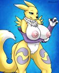  2018 3_fingers anthro big_breasts blue_eyes breasts canine digimon digital_media_(artwork) female fur looking_at_viewer mammal nipples nude open_mouth pussy renamon simple_background smile solo xizzdot 