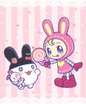  1119mna 1girl :3 absurdres animal_ears berrie_(mezzo_piano) blonde_hair blush_stickers boots border candy cherry_hair_ornament colored_skin commentary_request copyright_name crossover dress fake_animal_ears food food-themed_hair_ornament gloves hair_ornament heisei heisei_retro highres holding holding_candy holding_food holding_lollipop holding_stuffed_toy hood hood_up hooded_dress lace lace_border lollipop mezzo_piano mimitchi ornate_border pink_boots pink_dress pink_gloves rabbit_ears sparkling_eyes strawberry_hair_ornament striped_background stuffed_toy tamagotchi tamagotchi_(creature) tongue tongue_out white_skin 