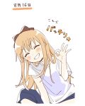  1girl :d ^_^ blonde_hair blue_shorts blush_stickers bow brown_bow closed_eyes commentary_request cropped_legs facing_viewer grin hair_bow hand_up highres long_hair namori ok_sign shirt short_sleeves shorts simple_background smile solo toshinou_kyouko translation_request v-shaped_eyebrows white_background white_shirt yuruyuri 