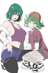  2girls alternate_costume baseball_cap bob_cut breasts cleavage crop_top curly_hair denim denim_shorts fishnets fubuki_(one-punch_man) green_eyes green_hair hat highres jacket large_breasts looking_at_viewer medium_breasts midriff multiple_girls navel one-punch_man pantyhose red_shirt shirt shoes short_hair shorts small_breasts smile sneakers t-shirt tatsumaki white_jacket windriftdraws 