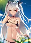  alternate_costume antenna_hair azur_lane bangs bikini black_bikini blue_sky blurry blush breasts chromatic_aberration chromatic_aberration_abuse cloud cloudy_sky commentary_request day depth_of_field eyebrows_visible_through_hair flag_print german_flag_bikini groin hair_between_eyes highres iron_cross itsui_(dihydrogenmonoxid) large_breasts long_hair looking_at_viewer mole mole_on_breast mouth_hold multicolored_hair navel outdoors prinz_eugen_(azur_lane) red_hair side-tie_bikini silver_hair sky smile solo stomach streaked_hair swimsuit two_side_up very_long_hair 