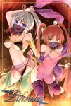  2girls :d arm_up armlet bare_shoulders black_bra black_panties black_veil blue_eyes border bra bracelet breasts cameltoe collar commentary_request copyright_name covered_nipples dancer dancing earrings grey_hair hair_between_eyes harem_outfit harem_pants head_chain jewelry kappamaru lilitales looking_at_viewer mixed-language_text mouth_veil multiple_girls navel necklace open_mouth orange_hair panties pants pink_panties ponytail red_collar see-through_clothes see-through_veil signature small_breasts smile stomach twintails underwear veil yellow_eyes 