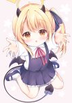  1girl absurdres beckoning blonde_hair blue_archive chestnut_mouth child commentary demon_girl grandapple71 highres horns ibuki_(blue_archive) knees looking_at_viewer mary_janes shoes sitting socks solo tail wariza yellow_eyes 