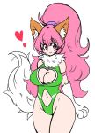  1girl animal_ears bare_legs bare_shoulders breasts cat_ears cat_girl cleavage cleavage_cutout curvy fangs female happy heart_cutout highleg highleg_leotard large_breasts leotard long_hair looking_at_viewer open_mouth paw_print perisie_(star_ocean) pink_hair ponytail ryoi shiny simple_background smile star_ocean star_ocean_first_departure tail thick_thighs thighhighs thighs very_long_hair 