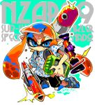  1girl black_shorts blue_eyes blunt_bangs closed_mouth commentary_request gun holding holding_gun holding_weapon inkling inkling_girl inkling_player_character inkstrike_(splatoon) kneeling long_hair n-zap_(splatoon) orange_hair pointy_ears polka_dot polka_dot_shirt shirt short_sleeves shorts solo splatoon_(series) splatoon_1 sprinkler_(splatoon) tentacle_hair tetori twitter_username weapon 