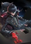  absurdres amamiya_ren bangs black_hair card chair closed_mouth commentary covered_eyes desk english_commentary gloves high_collar highres jacket leather leather_jacket long_sleeves male_focus mask morgana_(persona_5) pan_xuan paper_stack persona persona_5 red_gloves sitting solo 