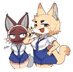 2025 4_fingers anthro black_text blonde_hair blue_bottomwear blue_clothing blue_necktie blue_skirt bottomwear breasts brown_eyebrows brown_eyes brown_pawpads cheek_tuft clothed clothed_anthro clothed_female clothing collared_shirt cute_fangs digital_media_(artwork) dress_shirt duo eyebrows facial_tuft fangs felid feline female female/female female_anthro fingers grey_tail hair hand_on_hip inner_ear_fluff korean_text mammal necktie open_mouth open_smile pawpads portrait rosy_cheeks school_uniform shirt simple_background skirt smile sparkles tail teeth text thick_eyebrows three-quarter_portrait tofffffu topwear tuft uniform whiskers white_background white_clothing white_shirt white_topwear