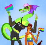 absurd_res agamid anthro bearded_dragon brown_hair duo eyewear female flag gesture hair hand_gesture hi_res intersex-inclusive_progress_pride_colors lgbt_pride lgbt_pride_month lizard looking_at_viewer male pink_hair polysexual_pride_colors pride_colors questioning_pride_colors rainbow_pride_colors reptile scalie sharp_teeth starlightdaydream sunglasses teeth v_sign