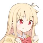  1girl bad_link blonde_hair bow bowtie collared_shirt little_witch_nobeta long_hair long_sleeves lowres nobeta nobeta_(knitted_uniform_skin) official_art portrait red_bow red_bowtie red_eyes school_uniform shirt sidelocks simple_background sleeves_past_wrists solo transparent_background upper_body wavy_mouth 