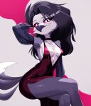 absurd_res anthro avian avian_demon beak bird bird_demon black_hair breasts choker clothed clothed_female clothing crossed_legs deep_cleavage dress eyeshadow fan_character feathers female glistening_thighs hair hand_behind_head helluva_boss hi_res jesterwing jewelry looking_at_viewer makeup medium_breasts necklace purple_eyeshadow red_clothing red_dress red_eyes sitting solo tail tail_feathers