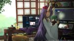  1girl bookshelf breasts commission computer drawing_tablet drink fang from_side hair_between_horns hair_ornament highres holding holding_pen horns indoors japanese_clothes k3nzoteruta kimono long_hair long_sleeves looking_to_the_side medium_breasts monitor multiple_monitors open_mouth original pen pink_eyes plant purple_hair sideways_glance skin-covered_horns skin_fang sliding_doors smile solo table tablet_pc twitter_username very_long_hair white_kimono wide_sleeves wooden_table 
