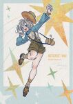  1girl abingbeey arm_up artist_name bag blue_border blue_eyes blue_shrug blue_sleeves boater_hat border braid braided_hair_rings brown_bag brown_hat brown_shoes brown_shorts character_name copyright_name dated full_body grey_background grey_hair grey_socks hair_rings hands_up hat highres jewelry leg_tattoo leg_up loafers matilda_bouanich matilda_bouanich_(the_genius&#039;s_holiday) medium_hair necklace official_alternate_costume open_mouth overall_shorts overalls paper_texture reverse:1999 shirt shoes shorts shoulder_bag signature socks solo sparkle standing standing_on_one_leg tattoo unworn_headwear white_shirt 