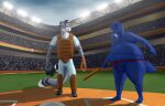anthro armor audience baseball_(sport) baseball_base baseball_bat baseball_cap baseball_glove baseball_uniform bat_(object) batting_helmet belly belly_expansion belly_inflation black_hair blowing_bubble_gum blue_body blue_fur blueberry_inflation bubble_gum candy canid canine canis clothed clothing crowd dessert detailed_background duo_focus expansion exposed_belly facial_hair felid food fur furgonomic_headwear furgonomics goatee grey_body grey_fur group gum hair hat headgear headwear helmet hi_res holding_armor holding_bat holding_headgear holding_helmet holding_object inflation lemurlemurovich looking_at_another looking_down_at_self male mammal markings navel open_mouth outside pantherine snow_leopard sport sportswear spots spotted_body spotted_fur stadium standing surprise umpire uniform white_body white_fur wolf