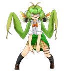  antenna_hair antennae bangs black_eyes black_legwear bow bowtie clothes_around_waist collared_shirt commentary evolvingmonkey full_body green_hair highres insect_girl kneehighs leaning_forward legs_apart looking_at_viewer loose_bowtie mantis_akiyama original parasite pleated_skirt praying_mantis school_uniform sharp_teeth shirt shoes short_hair simple_background skirt sleeves_rolled_up smirk solo sweater_around_waist teeth white_background white_shirt worms 